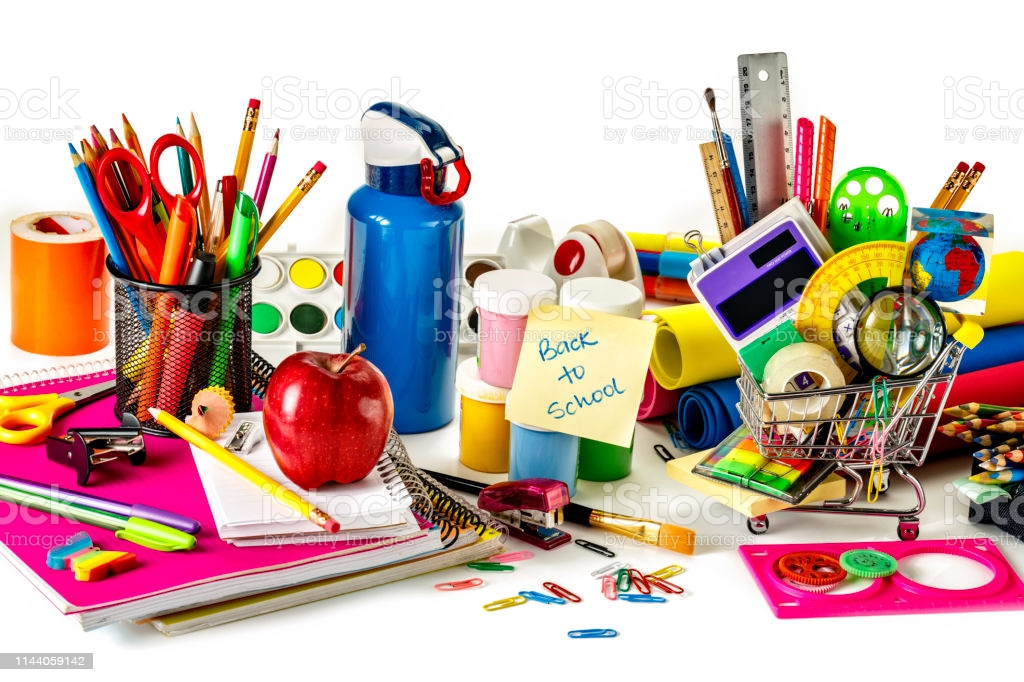 Cost of education. Level view of stationery and back to school office supplies in a miniature shopping cart